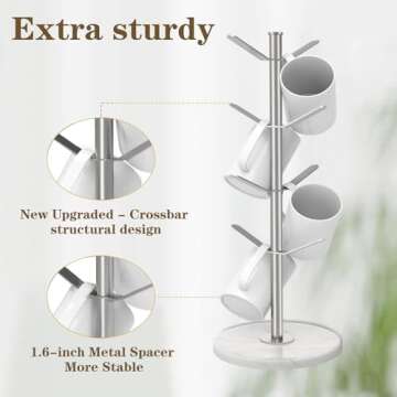 ZYZWTG Marble Mug Tree with 8 Hooks, Stainless Steel Coffee Cup Holder, Non-Slip Silicone Pads, Heavy Duty Marble Base, Countertop Organizer for Kitchen & Cafe, Silver