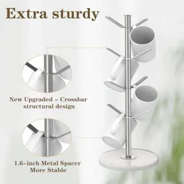 ZYZWTG Marble Mug Tree with 8 Hooks, Stainless Steel Coffee Cup Holder, Non-Slip Silicone Pads, Heavy Duty Marble Base, Countertop Organizer for Kitchen & Cafe, Silver