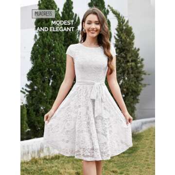MUADRESS Women Cap-Sleeve Lace Floral Elegant Cocktail Dress Crew Neck Knee Length Bridesmaid Prom D...