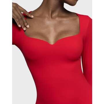 PUMIEY Bodysuits for Women Long Sleeve Sweetheart Neck Body Suits T Shirt Tops, Ruby Medium