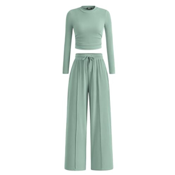 BTFBM Casual 2 Piece Sets For Women Fall Outfits Ribbed Knit Long Sleeve Crop Top Wide Leg Pants Mat...