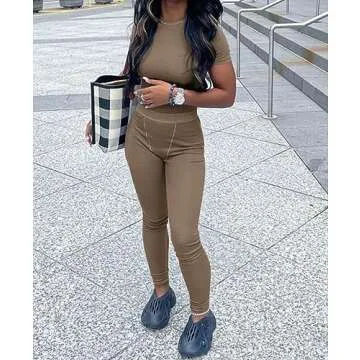 LICOBOD Lounge Wear Ribbed Casual 2 Piece Tracksuit Set Women Solid Skinny Long Sleeve O-Neck Top+Mid Waist Elastic Leggings