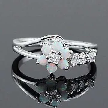 LARDROK Exquisite Created-Opal Flower Ring for Women