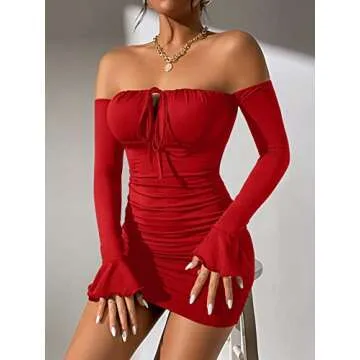 WDIRARA Women's Off Shoulder Bodycon Mini Dress Red