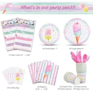 Ice Cream Party Supplies Set for Kids - 130PCS Disposable Tableware