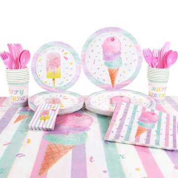 Ice Cream Party Supplies for 16 Guests - Fun & Durable Set