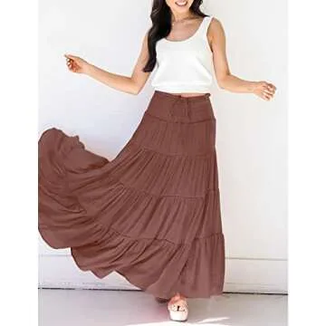 HAEOF Women's Summer Elastic High Waist Boho Maxi Skirt Casual Drawstring A Line Long Skirt Brown Small