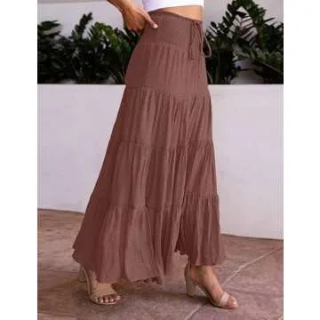 HAEOF Women's Summer Elastic High Waist Boho Maxi Skirt Casual Drawstring A Line Long Skirt Brown Small