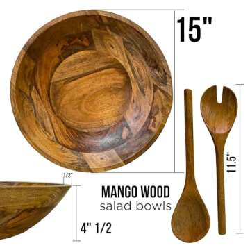 Fairwood Way Wood Salad Bowl Set - 15 Inch Extra Large Wooden Salad Bowl with Serving Utensils - Man...