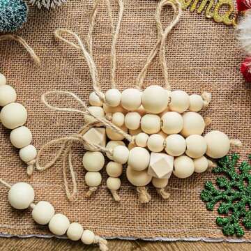 OurWarm 12 Pcs Wood Beads Christmas Tree Ornaments Wooden Beads, 4 Style Boho Christmas Decor Xmas Tree Hanging Beads, Farmhouse Christmas Ornaments Beads for Christmas Tree Decor Home Decor