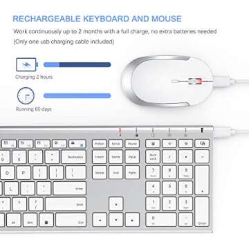 Wireless Keyboard and Mouse, Vssoplor 2.4GHz Rechargeable Compact Quiet Full-Size Keyboard and Mouse Combo with Nano USB Receiver for Windows, Laptop, PC, Notebook-White Silver