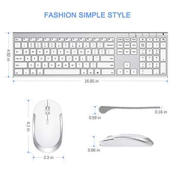 Wireless Keyboard and Mouse, Vssoplor 2.4GHz Rechargeable Compact Quiet Full-Size Keyboard and Mouse Combo with Nano USB Receiver for Windows, Laptop, PC, Notebook-White Silver
