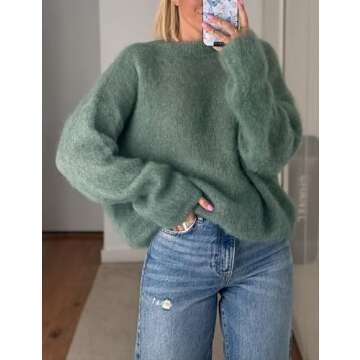 Antnation Womens Soft Fuzzy Knit Sweater Oversized Cozy Pullover Jumper Long Sleeve Casual Crewneck Sweater(Peagreen-M)