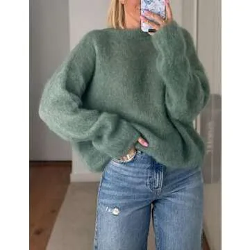 Antnation Womens Soft Fuzzy Knit Sweater Oversized Cozy Pullover Jumper Long Sleeve Casual Crewneck Sweater(Peagreen-M)