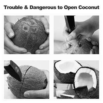 Coconut Opener, Coconut Opener Kit with Hammer Stainless Steel Opening Utensil Premium Wooden Handle Coconut Opener Tool Set for Young Coconuts Easy and Safe for Your Family