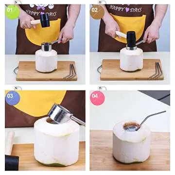 Coconut Opener, Coconut Opener Kit with Hammer Stainless Steel Opening Utensil Premium Wooden Handle Coconut Opener Tool Set for Young Coconuts Easy and Safe for Your Family