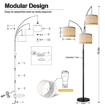 Dimmable 3-Light Arc Floor Lamp with Beige Shades