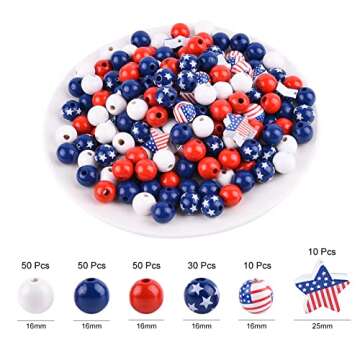 200 Pieces July 4th Patriotic Wood Beads, Independence Day Wood Beads, Round Patriotic Wooden Beads,...