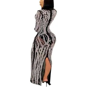 CUTUBLY Women Long Sleeve Birthday Dresses Rhinestone Mesh See Through Club Sexy Dress Party Club Ni...