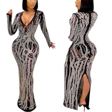 CUTUBLY Women Long Sleeve Birthday Dresses Rhinestone Mesh See Through Club Sexy Dress Party Club Night Dress(5002,Black,2XL)