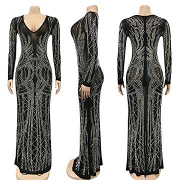 CUTUBLY Women Long Sleeve Birthday Dresses Rhinestone Mesh See Through Club Sexy Dress Party Club Night Dress(5002,Black,2XL)