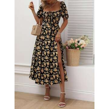BLENCOT Summer Square Neck Floral Dresses for Womens Short Sleeve Casual Dress Split Thigh Tie Front Boho Maxi Dresses P220Black L
