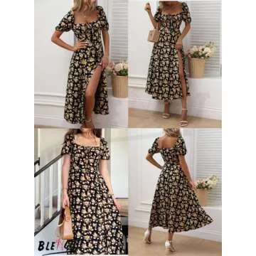 BLENCOT Summer Square Neck Floral Dresses for Womens Short Sleeve Casual Dress Split Thigh Tie Front Boho Maxi Dresses P220Black L