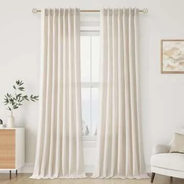 102 Inch Long Curtains Pinch Pleat Linen Curtains for Living Room 2 Panels Set Natural Cream Semi Sh...