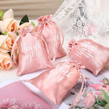 50 Pcs Thank You Satin Gift Bags 4 x 6 Inch Drawstring Jewelry Pouches Candy Bags for Wedding Bridal Shower Baby Shower Favor Bags Drawstring Bags for Birthday Holiday Decoration (Rose Gold)