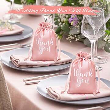 50 Pcs Thank You Satin Gift Bags 4 x 6 Inch Drawstring Jewelry Pouches Candy Bags for Wedding Bridal Shower Baby Shower Favor Bags Drawstring Bags for Birthday Holiday Decoration (Rose Gold)