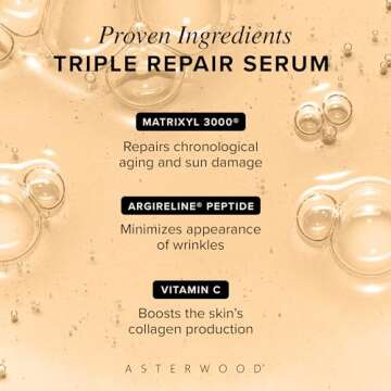 Asterwood Triple Repair Matrixyl 3000 + Argireline + Hyaluronic Acid + Vitamin C Serum for Face - Anti-Aging, Collagen Boosting, Hydrating - Fragrance-Free - 2 Fl Oz