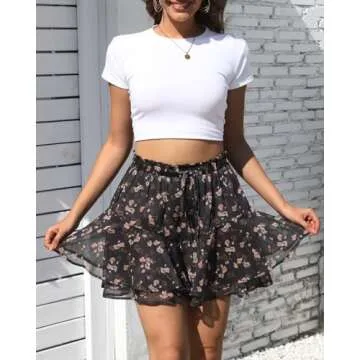 Aoudery Flowy Shorts for Women Casual Boho Floral Skorts Ruffle Mini Skirts Running Tennis Butterfly Shorts Chiffon Shorts- Floral Black02 L
