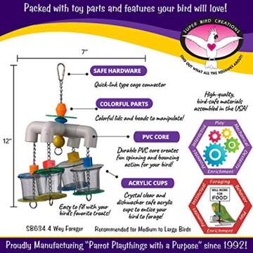 Super Bird Creations SB634 4 Way Forager Bird Toy with Clear Acrylic Cups, Medium to Large Bird Size, 12” x 7” x 7”