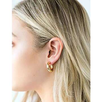 sovesi Chunky Gold Hoop Earrings for Women with 925 Sterling Silver Post, 14K Gold Plated Thick Gold Hoops Earrings for Women 25mm