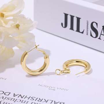 sovesi Chunky Gold Hoop Earrings for Women with 925 Sterling Silver Post, 14K Gold Plated Thick Gold Hoops Earrings for Women 25mm