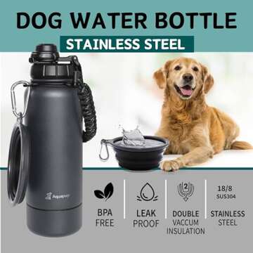 Aquapup Portable Dog Water Bottle & Bowl- Stainless Steel, Scratch Resistant, Detachable Storage, 32 oz, Leak Proof, Double Vacuum Insulation- Good for Pets Outdoor Walking, Hiking, Travel, Food