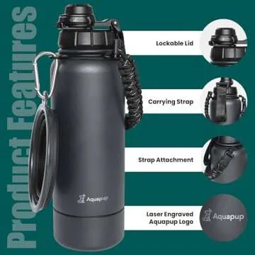 Aquapup Portable Dog Water Bottle & Bowl- Stainless Steel, Scratch Resistant, Detachable Storage, 32 oz, Leak Proof, Double Vacuum Insulation- Good for Pets Outdoor Walking, Hiking, Travel, Food