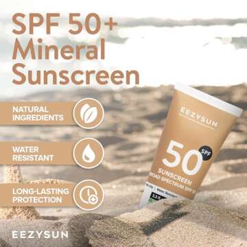 EEZYSUN Mineral SPF 50 Sunscreen | Infused with Aloe Vera | Vegan and Cruelty-Free | Hawaii 104 Reef Act Compliant | Broad Spectrum with UVA/UVB Protection | Natural & Non-Oily | 3.3 FL OZ