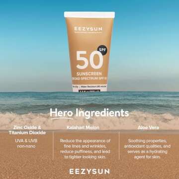 EEZYSUN Mineral SPF 50 Sunscreen | Infused with Aloe Vera | Vegan and Cruelty-Free | Hawaii 104 Reef Act Compliant | Broad Spectrum with UVA/UVB Protection | Natural & Non-Oily | 3.3 FL OZ