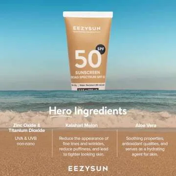 EEZYSUN Mineral SPF 50 Sunscreen | Infused with Aloe Vera | Vegan and Cruelty-Free | Hawaii 104 Reef Act Compliant | Broad Spectrum with UVA/UVB Protection | Natural & Non-Oily | 3.3 FL OZ