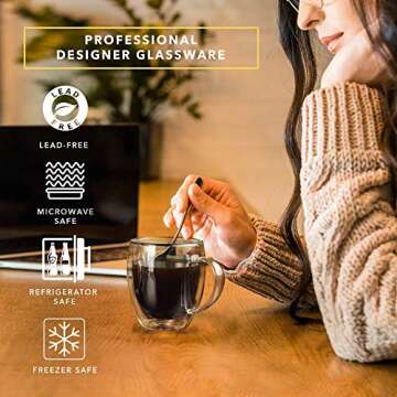 Dragon Glassware Double Walled Glass Coffee Mugs - 16 oz, Set of 2 Glass Coffee Cups to Keep Beverages Hot or Cold Longer - Clear Double Wall Insulated Mug