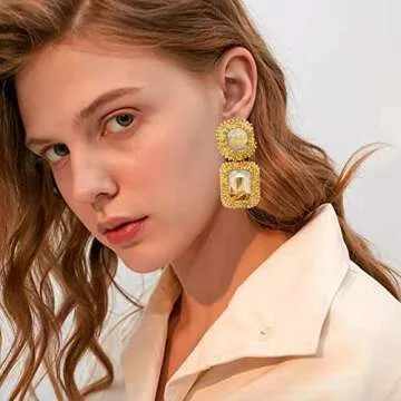 VANGETIMI Champagne Bling Crystal Statement Drop Earrings Formal Rhinestone Rectangle Dangle Earrings Evening Prom Pageant Party Earrings for Women