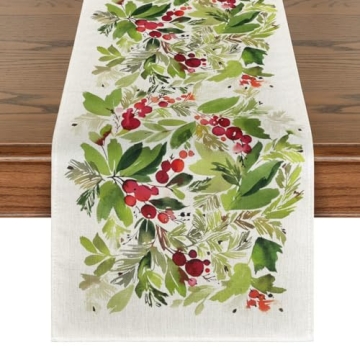 Artoid Mode Watercolor Holly Christmas Table Runner, Seasonal Winter Xmas Holiday Kitchen Dining Tab...