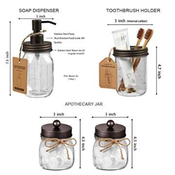 Amolliar Mason Jar Bathroom Accessories Set(4 Pcs) -Lotion Soap Dispenser & 2 Cotton Swab Holder &Toothbrush Holder-Rustic Farmhouse Decor,Countertop Vanity Organize，Bathroom Home Decor (Bronze)