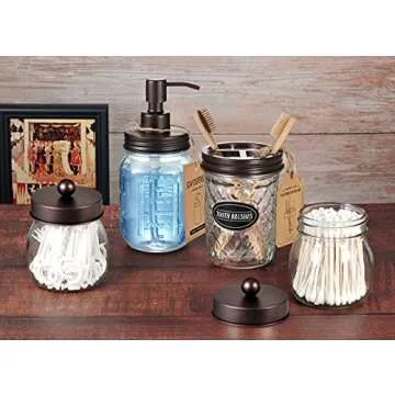 Amolliar Mason Jar Bathroom Accessories Set(4 Pcs) -Lotion Soap Dispenser & 2 Cotton Swab Holder &Toothbrush Holder-Rustic Farmhouse Decor,Countertop Vanity Organize，Bathroom Home Decor (Bronze)