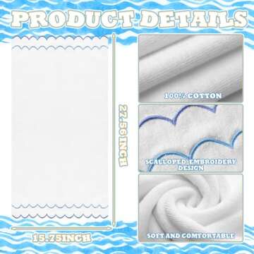 Hahafelt 2 Pcs Scalloped Hand Towels 100% Cotton Hand Towels for Bathroom 15.75 x 27.56 Inch 500 GSM Cute Soft Absorbent Embroidered for Hotel Spa Sport Yoga(Blue)