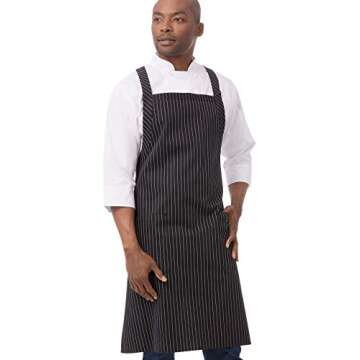 Chef Works Unisex Cross-Back Bib Apron, Black W/ Wht Pinstripe, One Size