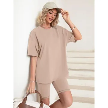 Glamaker Women 2 Piece Outfit sets Casual Oversized T-Shirt Tops Biker Shorts Workout Sport s Tracksuit Khaki X-Large