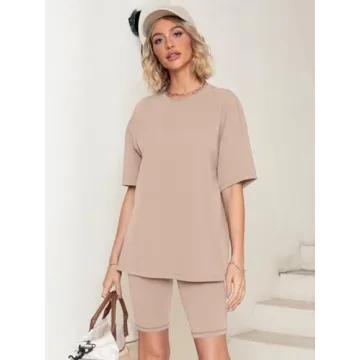 Glamaker Women 2 Piece Outfit sets Casual Oversized T-Shirt Tops Biker Shorts Workout Sport s Tracksuit Khaki X-Large