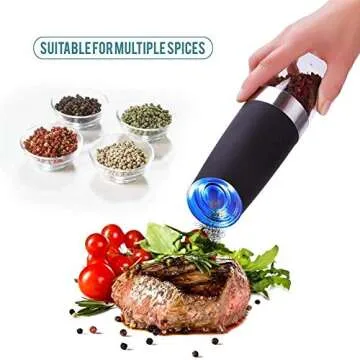 Electric gravity pepper grinder or salt grinder with adjustable thickness, automatic pepper grinder battery, with blue LED light, DLD one-hand operation, brushed stainless steel